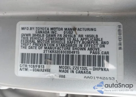 2003 Toyota Matrix Xr z USA, uszkodzony, nr VIN 2T1KR32E83C004915